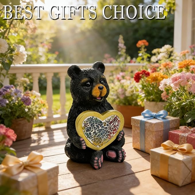 Solar Bear Garden Statues Decor for Outdoor Black Bear Figurine Lights for Lawn Patio Yard Decoration - Unique Christmas Housewarming Gift for Grandma Wowen Mom