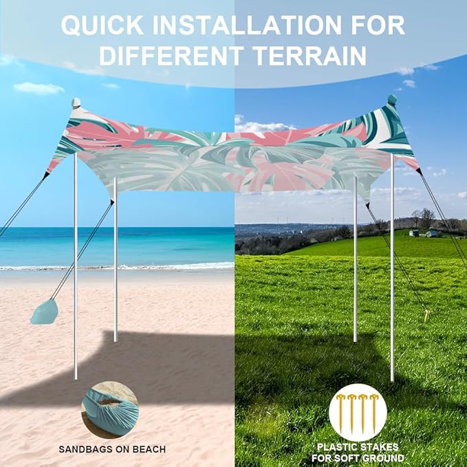 YUKIHOME Beach Tent Sun Shade Canopy Tent UPF 50+ Camping Beach Sun Shelter 10 x 10ft 4 Pole Lightweight Easy Set Up and Carry