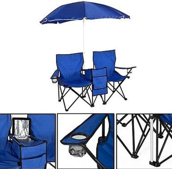Portable Folding Picnic Double Recline Chair Umbrella Table Cooler Beach Camping Chair Stadium Seat