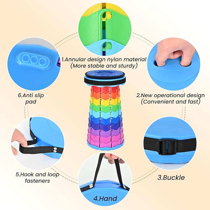 2 Pack Upgraded Collapsible Stool Folding Stool with CushionRetractable Folding Stool Max Load Capacity 400lbs Portable Telescoping Stools for Camping Hiking Outdoor BBQ Fishing-Rainbow