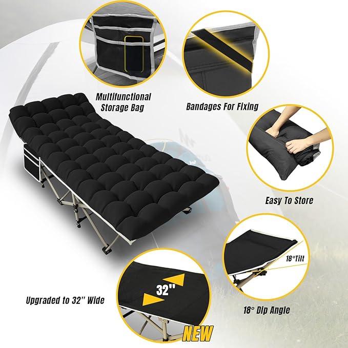 YELLOW JACKET Camping Cot with Mattress for Adults Upgraded 32 Wide Folding Sleeping Cot Portable Camping Cot with Carry Bag Cot for Camping 600lbs Max Load HomeOfficeTravel