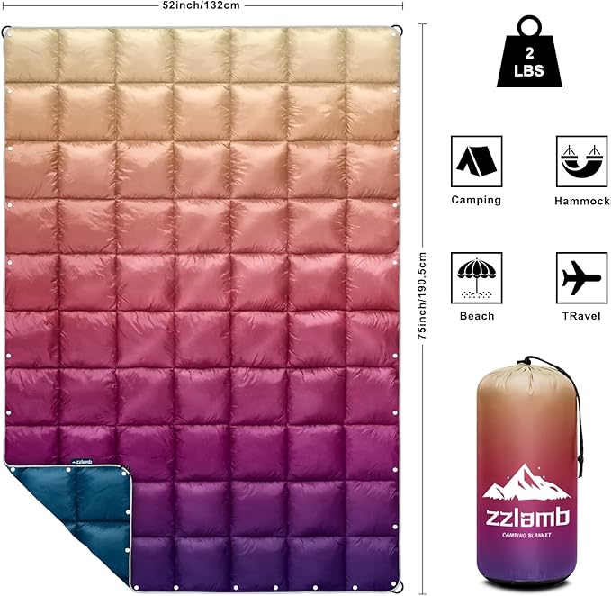 zzlamb Camping Blanket for Cold WeatherOutdoor Puffy Blanket Portable Down AlternativeWindproof Warm Cloak with SnapsCozy Quilt Backpacking Picnic RV Travel Plane Car Hammock Beach Climbing