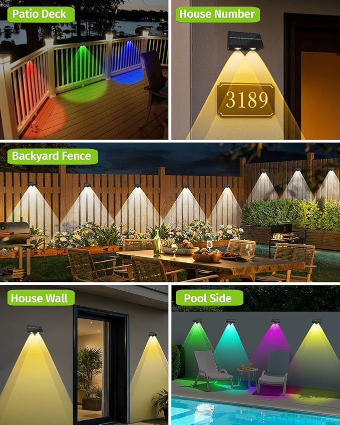 Solar Fence Lights Outdoor with Remote Control RGB Color Changing &amp Warm/Cool White LED Deck Lights High Brightness Dusk to Dawn Spot Lens for Deck and Step Stair Railing Patio Wall IP65 Waterp