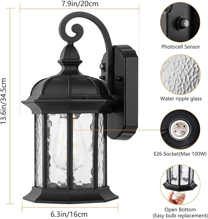 CINOTON Dusk to Dawn Outdoor Wall Lighting Outdoor Wall Lantern with Water Ripple Glass Waterproof Wall Sconce for Porch Front Door Patio or Garage (1 Pack)