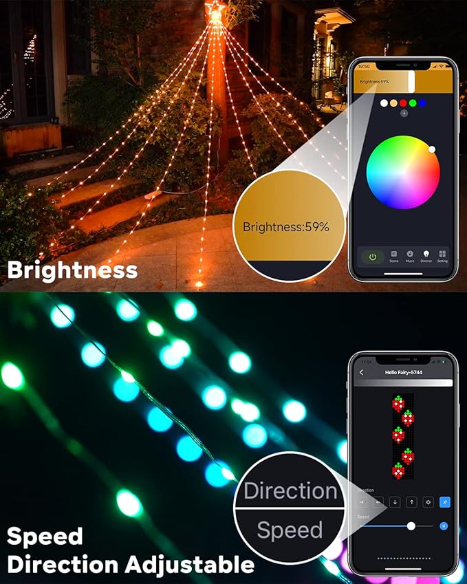 Outdoor Christmas Decorations Lights with Star Smart DIY Custom Display 11.8Ft 100 Modes Yard Waterfall Tree String Lights App Control 344LED RGB Color Changing Music Timer for Xmas Tree Lawn Decor