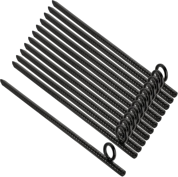 ZOOFOX 12 Pack 17 Inch Black Ground Anchor Heavy Duty Steel Rebar Stakes with Loop Reusable Tent Stakes for Outdoor Camping