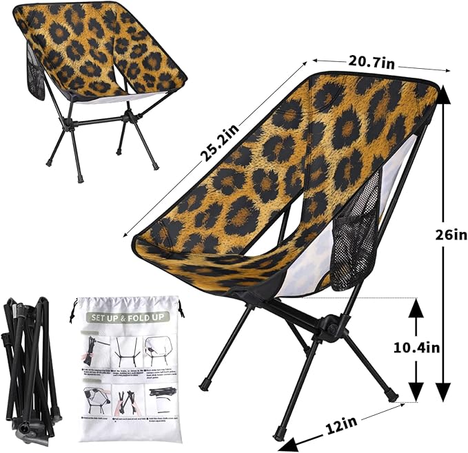 Honeybaby Folding Camping Chair Animal Print Leopard Camping Chairs Lightweight Portable Chair Outdoor Foldable Chairs for Camping Travel Picnic Beach Hiking