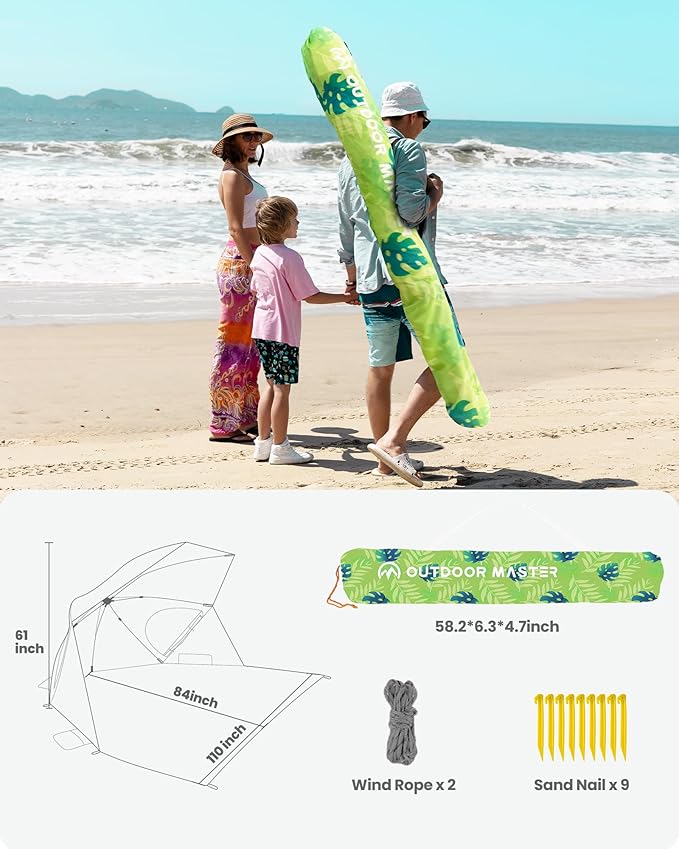 OutdoorMaster Pop Up Beach Umbrella Portable Beach Tent Shelter Beach Shade Sun Canopy with UPF 50+ UV Protection Extendable Floor with Carrying Bag