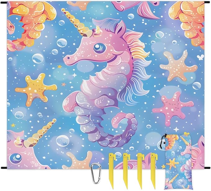 Waterproof Sandproof Beach Blanket 59''×68'' Hippocampus Polyester Outdoor Picnic Blanket with 4 Stakes &amp Storage Bag for BeachCampingVacation Blue