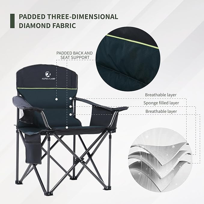 GREEN PARTY Oversized Folding Camping Chairs High Back Heavy Duty Padded Lawn Chair for Adults Support up to 450lbs with Cup Holder Side Pocket Cooler Bag Green