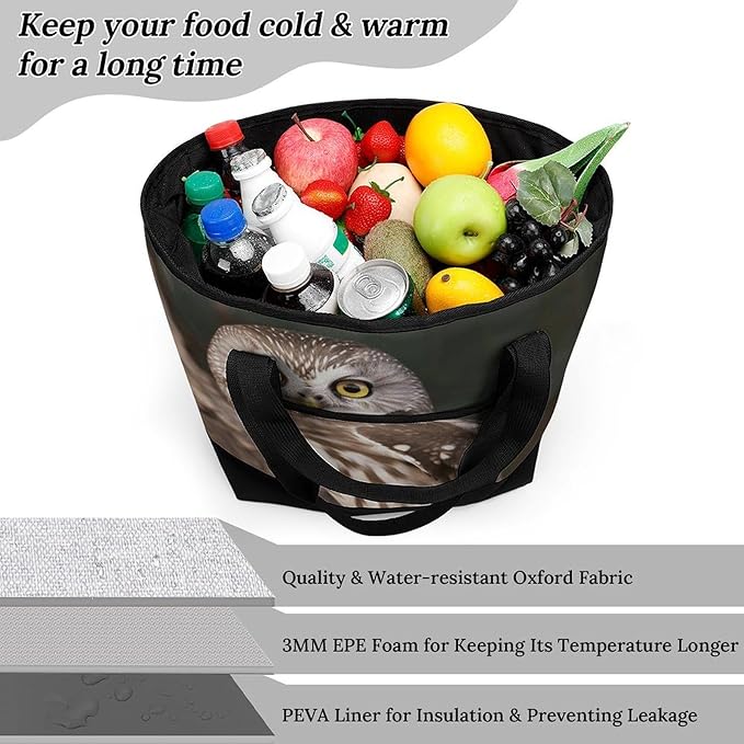 Insulated Shopping BagLarge Reusable Cooler Bags Wildlife Animal Owl Printed Foldable Shopping BagTravel Waterproof Shoulder Bag