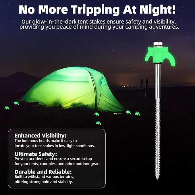 20 Pack Tent Stakes Heavy Duty 8 Inch Ground Anchor Screw Camping Stakes with Luminous Head Metal Threaded Tent Pegs Includes Hex Head Driver and Storage Box