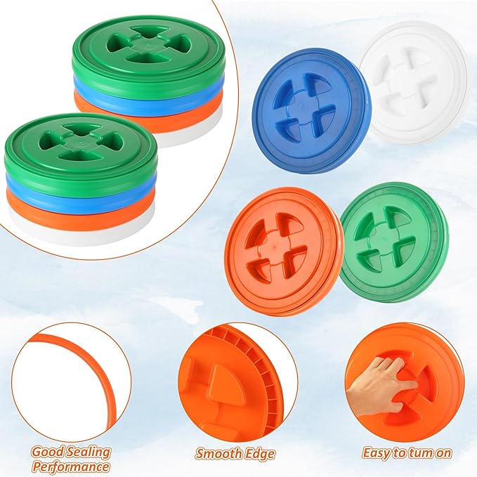 4 Pieces 5 Gallon Leak-Proof Bucket Lid Food Grade Plastic Storage Buckets Screw Seal Lids Screw Pail Lid Pet Food Storage Chicken Feeders (White Blue Green Orange)