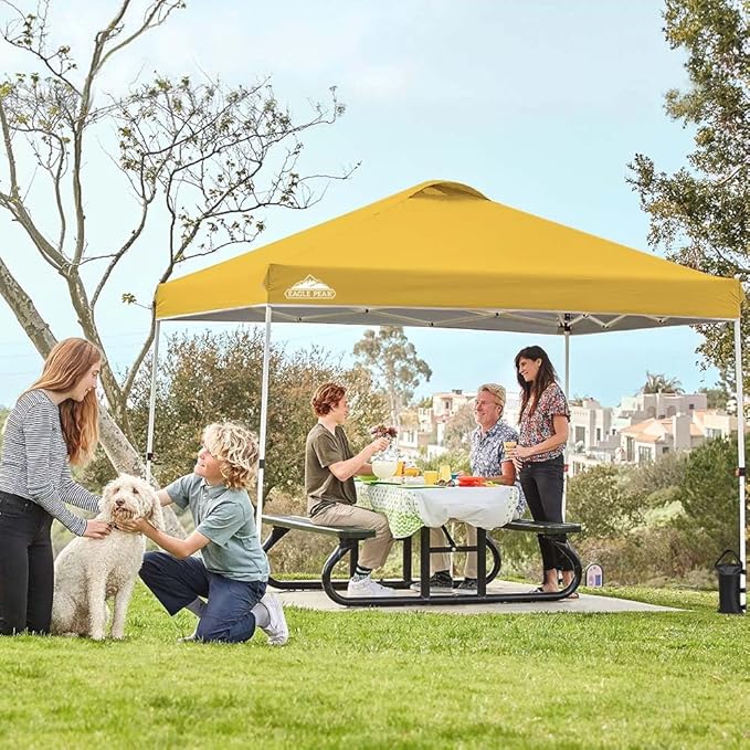 EAGLE PEAK Pop Up Canopy Tent with Wheeled Carry Bag 8 Stakes 4 Ropes 4 Weight Bags Easy Set Up Tent Canopy 10x10 ft 100sqft of Shade Yellow