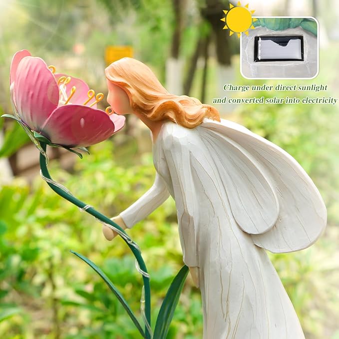 Fairy Garden Statue Outdoor Decor Solar Powered Garden Sculptures Fairy Resin Statues Waterproof Pink Flower Solar LED Lights Yard Art Decorations for Outside Patio Lawn Decor