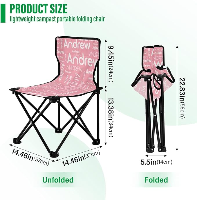 Sinestour Pink Custom Folding Camping Chair for Teen Child Personalized Name 14.6×14.6in Portable Outdoor Chair with Carry Bag for Travel Picnic Barbeques