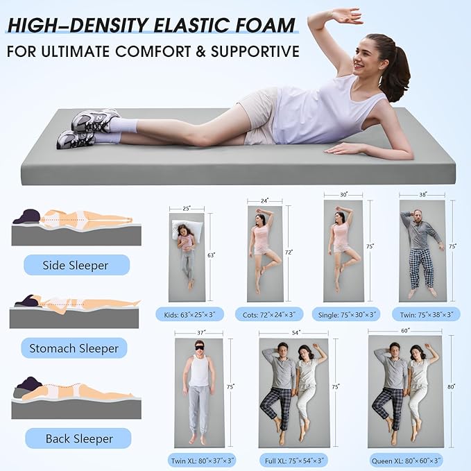 CYMULA Memory Foam Camping Mattress Pad3inch Sleeping Pad for CampingNon-Slip Bottom Floor Cot Car Mattress Bed with Retaining Portable Roll up Mattress Pad Mat for Travel Truck Guest Bed Tent