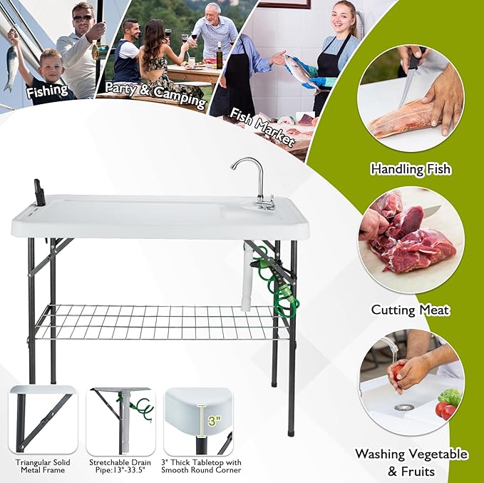 Folding Fish Cleaning Table Portable Camping Sink with Faucet Drainage Hose &amp Sprayer Outdoor Fillet Station Grid Rack Knife Groove for Picnic Fishing Black