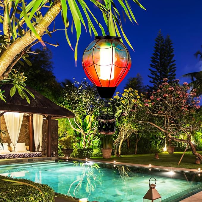 Solar Hot Air Balloon Lantern with Flame Flickering LED Glass Hot Air Balloon Solar Lanterns Outdoor Waterproof Hanging Lights for PatioPorchYardGarden Decor Mother Day Gifts for Women
