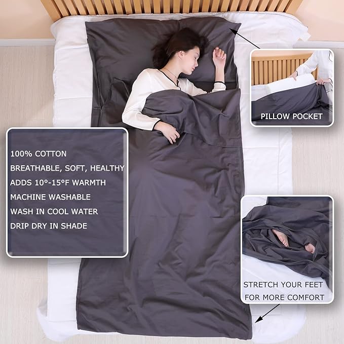 100% Cotton Sleeping Bag Liner with Full Length Zipper on 3 Sides Single/Double Adult Sleep Sack for Travel &amp Camping Multifunctional Travel Sheets (Unzipped 87”x87”) for Hotel Lightweight