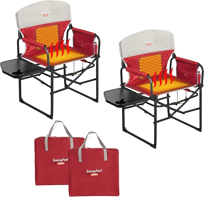SUNNYFEEL Heated Camping Directors Chair Heavy DutyOversized Portable Folding Chair with Side Table Pocket for Beach FishingTripPicnicLawnConcert Outdoor Foldable Camp Chairs