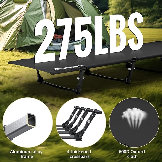 Anbte Ultralight Folding Camping Cot Comfortable Portable Camping Cot Supports 275 lbs with Storage Bag &amp Side Pocket Lightweight Folding Bed for Outdoor Travel Tent Indoor Emergency Bed Black