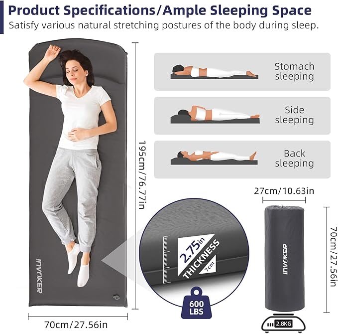 INVOKER Camping Sleeping Pad 3.15” Memory Foam Fast Self Inflating Insulated Durable Camping Mat Air Mattress with Pillowfor Tent Traveling Car Camping Grey