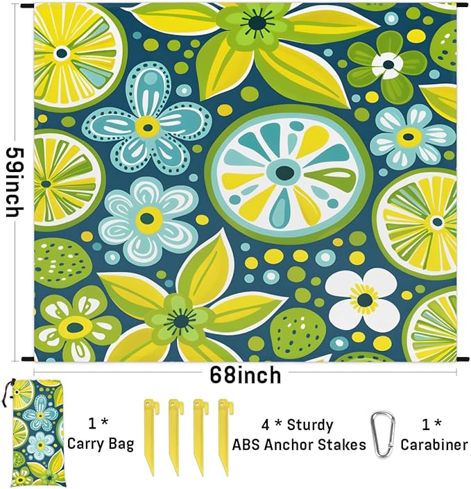 Waterproof Sandproof Beach Blanket 59''×68'' Fruit Lemon Polyester Outdoor Picnic Blanket with 4 Stakes &amp Storage Bag for BeachCampingVacation Yellow-Green