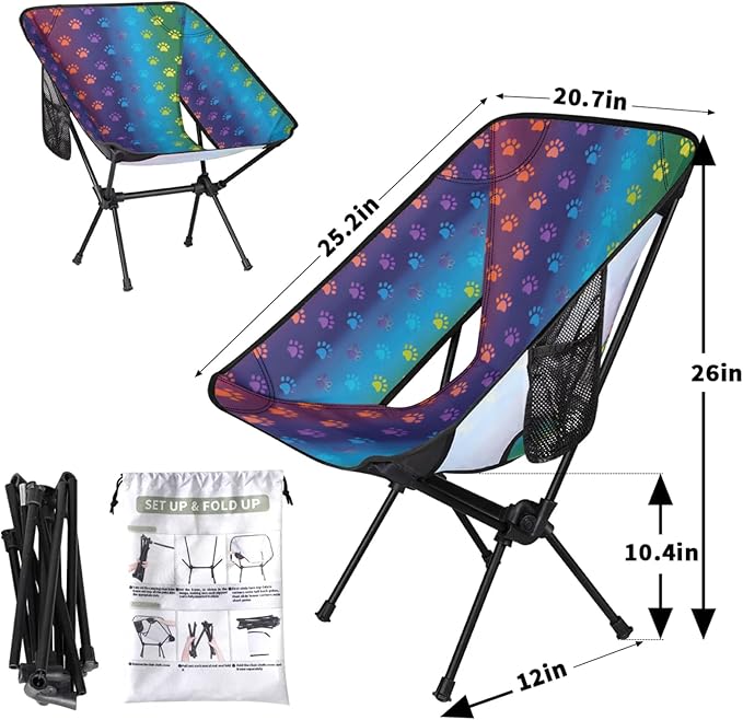 Honeybaby Folding Camping Chair Rainbow Paw Print Camping Chairs Lightweight Portable Chair Outdoor Foldable Chairs for Camping Travel Picnic Beach Hiking