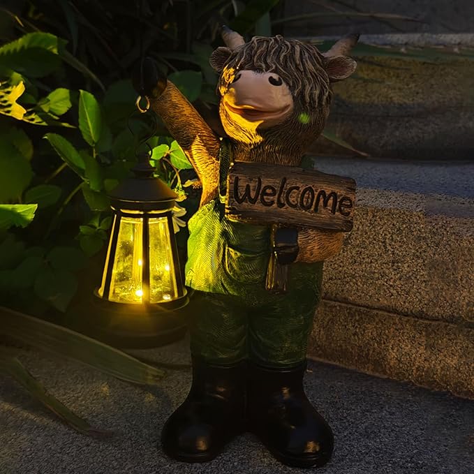 Solar Garden Decor Statues: Handmade Resin Statue with LED LightHighland Cow Figurine Outdoor Garden Decor Unique Gifts for Women Mom Grandma (Green cow1)
