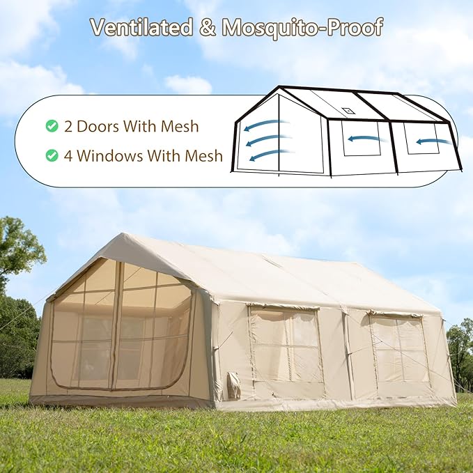 Oxford Inflatable Tent for Camping with Hand Pump 4 Season Glamping Tents with Stove Jack for 8-12 Person Waterproof Outdoor Party Camping Festival