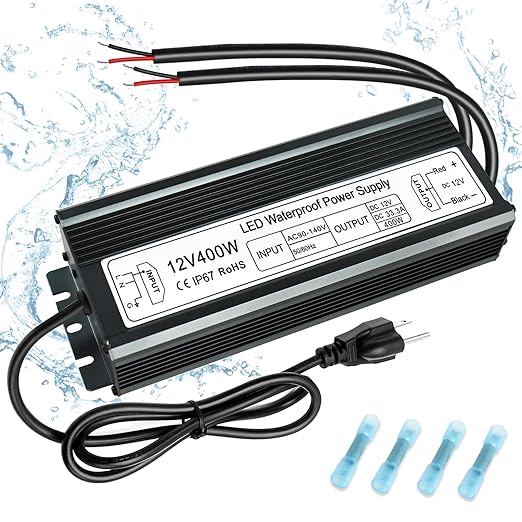 inShareplus 400W 12V Power Supply AC 90-140V to DC 12 Volt 33.3A LED Driver IP67 Waterproof Outdoor Low Voltage Transformer with Standard 3-Prong Plug for LED Light and Other 12V Products
