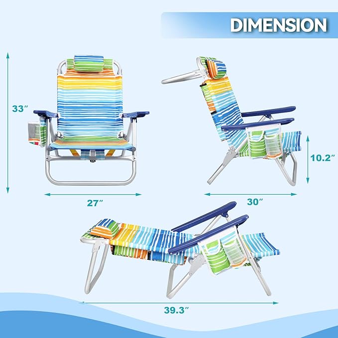 OFIKA Backpack Beach Chairs for Adults Folding Beach Chairs with 5 Adjustable PositionsCamping Chairs with HeadrestTowel Rack and Cup HolderSupports up to 300lbs (Colorful 4 Pack)