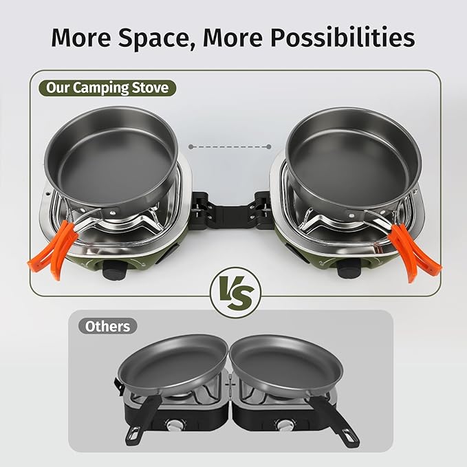 INFOOD Propane Camping Stove 20000 BTU - Portable 2 Burner Gas Stove with Adjustable Flame Control Piezo Ignition Carry Bag &amp Propane Adapter Hose Folding Design for Camp BBQ Tailgating Gre