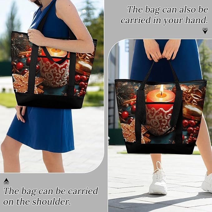Insulated Shopping BagLarge Reusable Cooler Bags Christmas Candle Printed Foldable Shopping BagTravel Waterproof Shoulder Bag