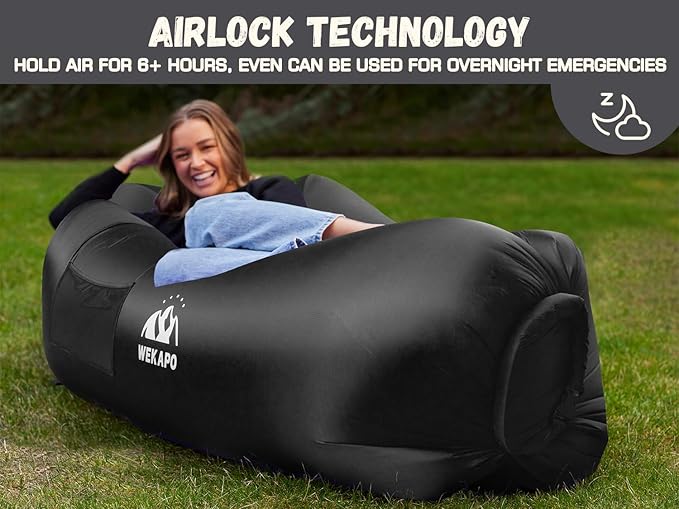 WEKAPO Inflatable Couch with Pump - Easiest Setup Crazy Comfy &amp Ultralight - Blow up Lounger Chair Perfect for Hiking Camping Beach Festivals - Lightweight Air Sofa for Relaxing Anywhere (Blac