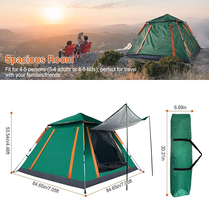 JHshop 4-5 Person Camping Instant Pop Up Tent 2/4/5Person Easy Setup for Camping Hiking and Outdoor Portable Beach Tent - Beach Tent Sun Shelter Outdoor Tent - Green