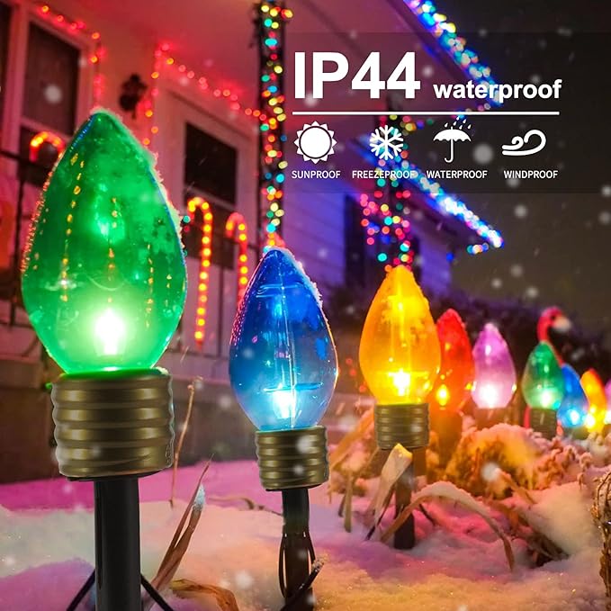 2 Pack Christmas Lights Jumbo C9 Outdoor Lawn Decorations with Pathway Marker Stakes Total 21Ft 10 LED C7 Lights Covered Jumbo Glitter Multicolor Bulb for Holiday Outside Yard Garden Decor