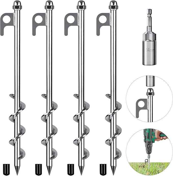 4 Pack Tent Stakes 12 Inch Heavy Duty Ground Anchors Fully Welded Spiral Earth Anchors for Camping Tents Trampolines Sheds Swing Sets Securing Animals