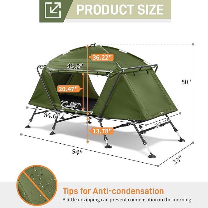 Large Outdoor Portable Sleeping CotPortable Lightweight Folding Camping Cot TentElevated Camping Bed TentFolding Outdoor Travel Cotwith Carry Bagfor Patio Hiking Picnic Travel (Army Green)