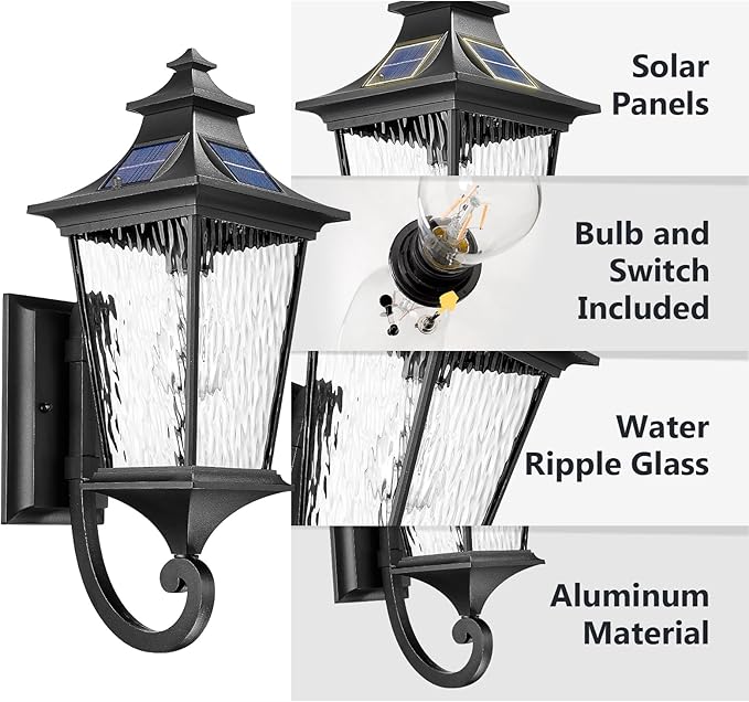 Emliviar Solar Wall Lantern Outdoor Waterproof Outdoor Sconce Light Dusk to Dawn LED Exterior Wall Lighting with Water Ripple Glass Black Finish 500181-SL SW BK