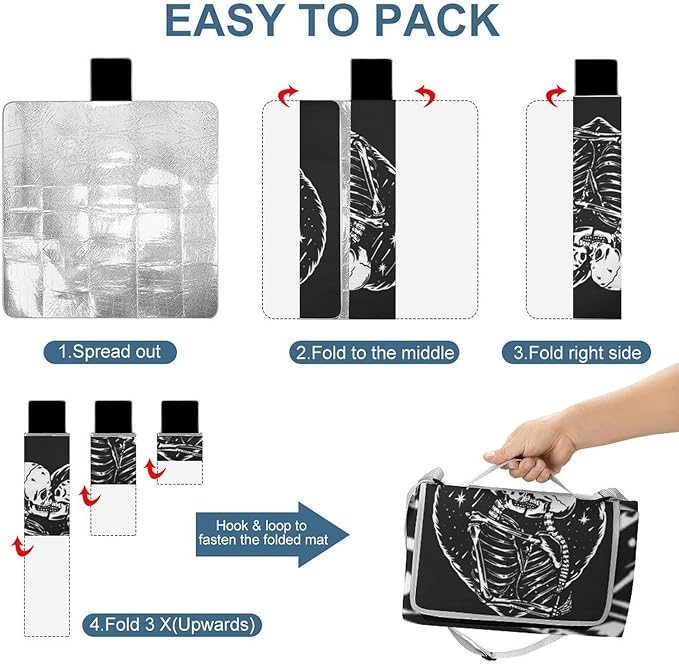 Gothic Skulls Damask Style Black White Waterproof Outdoor Picnic Blanket Sandproof Beach Mat for Camping Hiking Grass Travelling