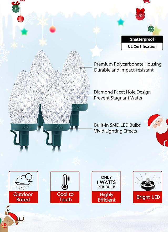 C9 LED Christmas Lights Outdoor 81 Feet 100 LED String Light with Timer &amp 8 Lighting Mode Waterproof Commercial Grade Christmas Tree Lights for Outside Indoor Roofline Patio Pure White|2 Pack