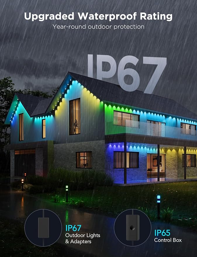 Govee Permanent Outdoor Lights Pro 100ft with 60 RGBIC LED Lights for Daily and Accent Lighting 75 Scene Modes for Outdoor Decor IP67 Waterproof Works with Alexa Google Assistant Matter Black