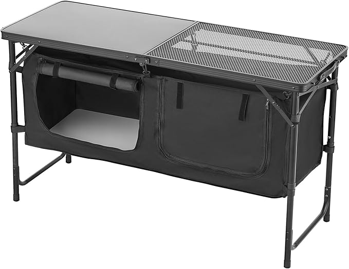 VEVOR Camping Kitchen Table Folding Outdoor Cooking Table 3 Adjustable Heights Aluminum Lightweight Portable Cook Station with Storage Organizer Carry Handle for BBQ Party Picnic RV Travel Black