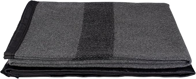 Fox Outdoor Products Wool Blanket - Warm Lightweight Wool Blend Blanket with Whip-Stitched Edges for Outdoor &amp Home Use German Army Style - Grey with Black Stripes