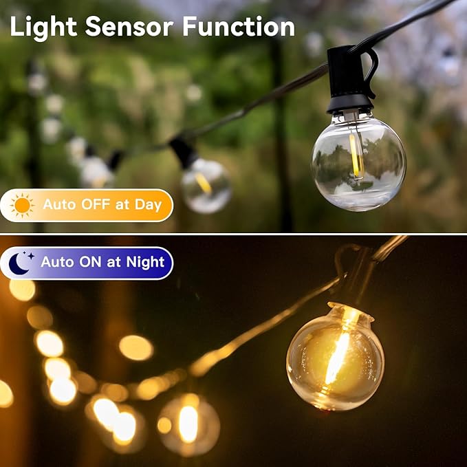 50FT Outdoor String Lights with Remote Dimmer 25 + 2 Spare Led G40 Bulbs Connectable Dimmable Balcony Lights Support Timer Waterproof Shatterproof for Patio Porch Garage Cafe