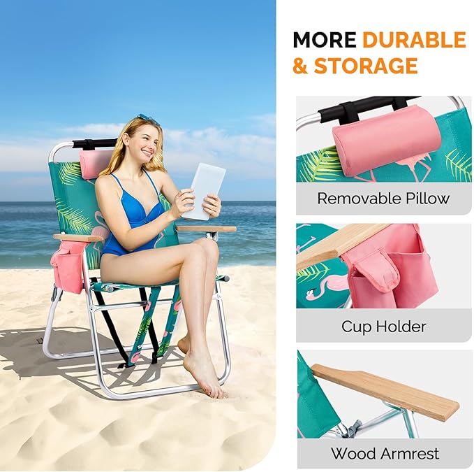 Bonnlo Lightweught 17 Backpack Beach Chair Tall Beach Chairs for Adults Portable with Adjustable Straps 3-Position Reclining Cup Holder High Beach Chairs for Beach
