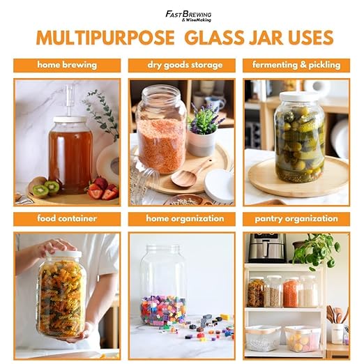 FastRack 1 Gallon Glass Jar with White Plastic Lid (8-Pack) | Wide Mouth Fermentation &amp Storage Jars | Food-Grade Glass for Kombucha Pickling Dry Goods &amp Bulk Food Storage
