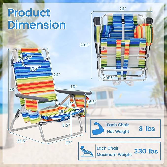 Tangkula Set of 4 Backpack Beach Chair 5-Position Lay Flat Beach Chairs with Cooler Bag 2 Cup Holders Towel Bar Lightweight Low Folding Beach Chair with Backpack Straps Yellow